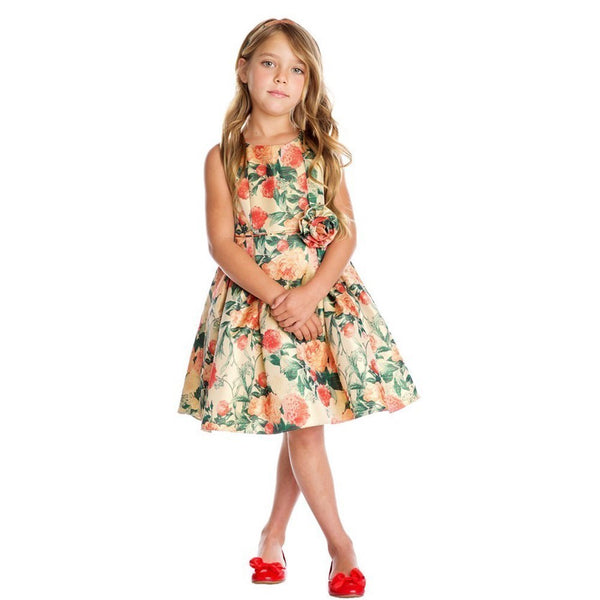 Sweet Kids Little Girls Gold Garden Floral Print Elegant Flower Girl Dress 2-6 - SophiasStyle.com
